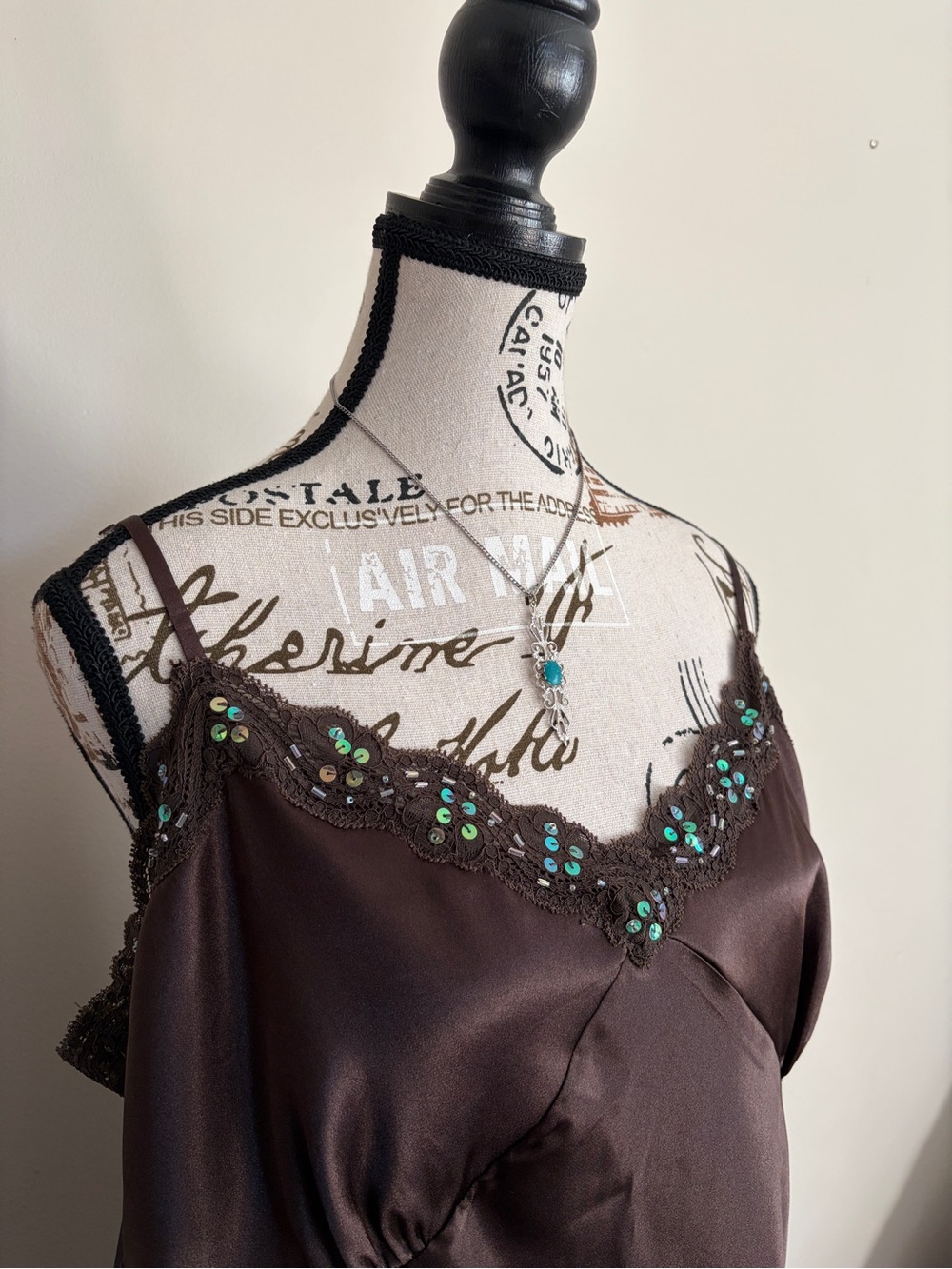 Y2K Chocolate Brown Satin Lace Sequin Beaded Girly Camisole - Picture 4 of 12